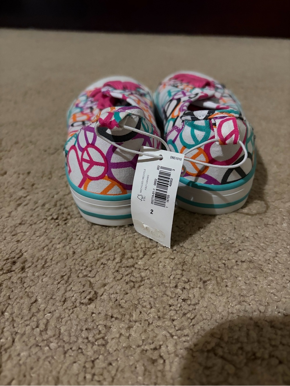NWOT Old Navy White Canvas Sneakers with Multicolor Peace Signs and Pink Laces - Picture 3 of 4